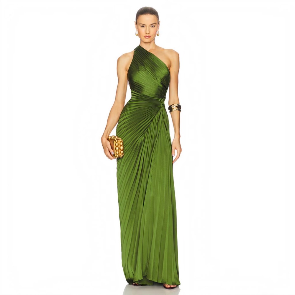 NEW A.L.C. Lara One-Shoulder Plissé Satin Gown Ivy Size 14 NWT $795